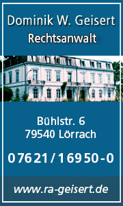 Banner der Kanzlei Rechtsanwalt Dominik W. Geisert in L&ouml;rrach mit Kontaktdaten und Informationen zu den rechtlichen Leistungen.