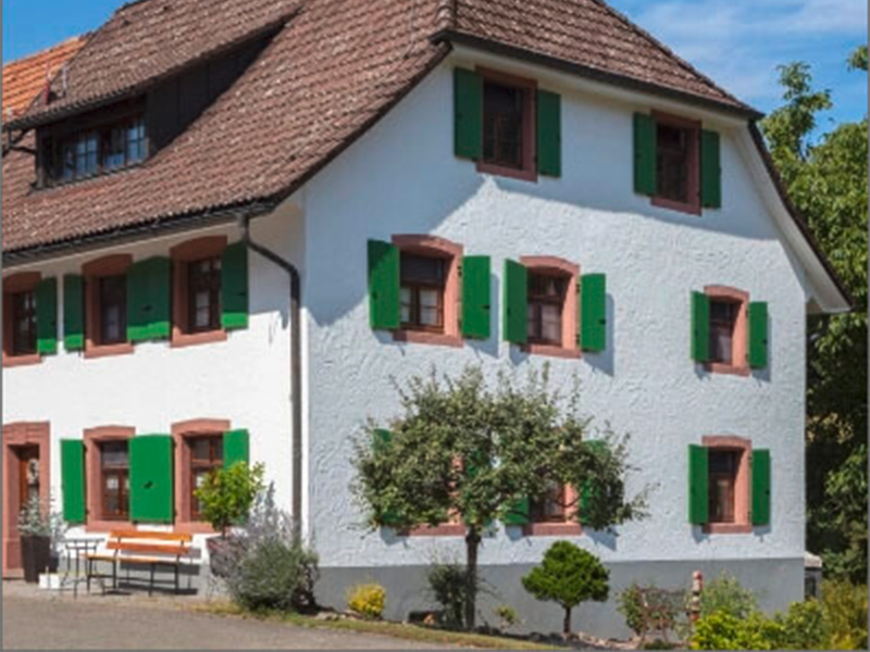 Wohnhaus mit sanierter Fassade und frisch gestrichenen Klappläden als Beispiel für professionelle Fassadenarbeiten.